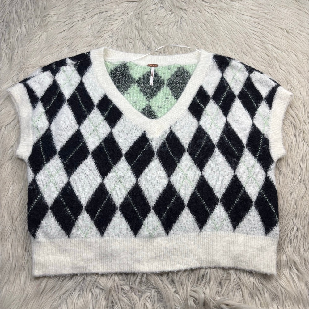 Free People Women's XS Oversized Through the Motions Vest Argyle Preppy